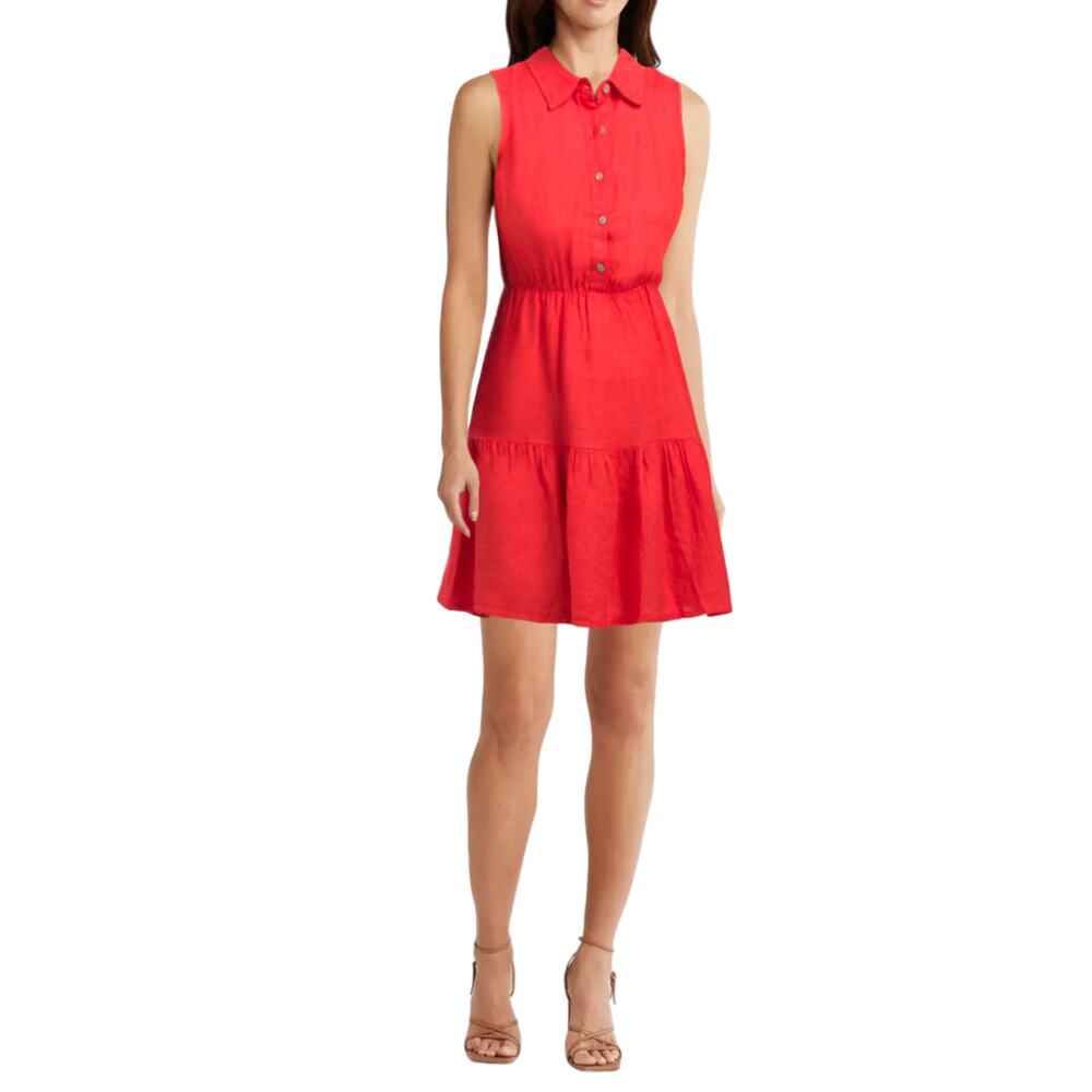 NWT LE RAGAZZE 100% Linen Made in Italy Botton Front Tiered Mini Dress